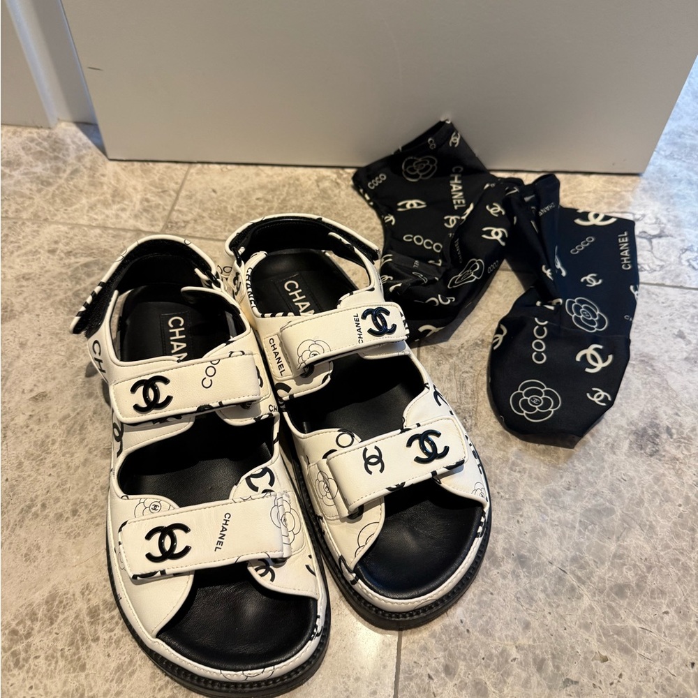 CHANEL White and Black Sandals Chunky Platform Sporty Design